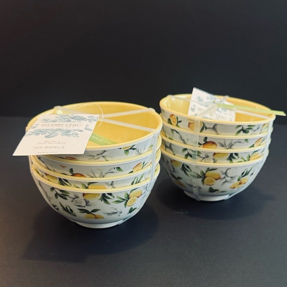 SHABBY CHIC Set of 8 Lemon Print Melamine Dip Bowl With Yellow Interior